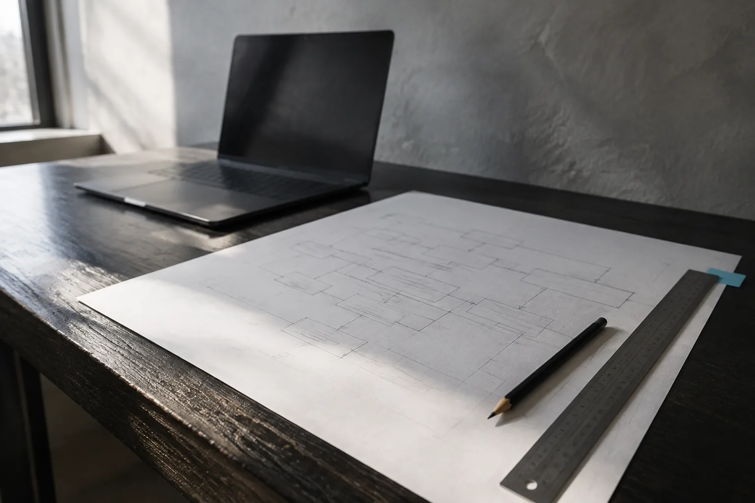 Ilustração editorial de uma bancada de arquitetura de software, com laptop e desenho de sistemas.